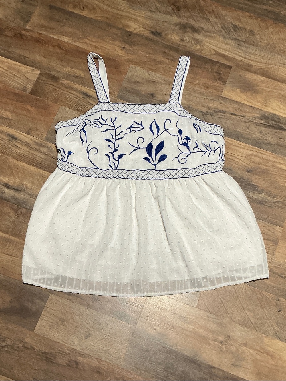 Source Unknown White Tank Top with Blue Floral Embroidery